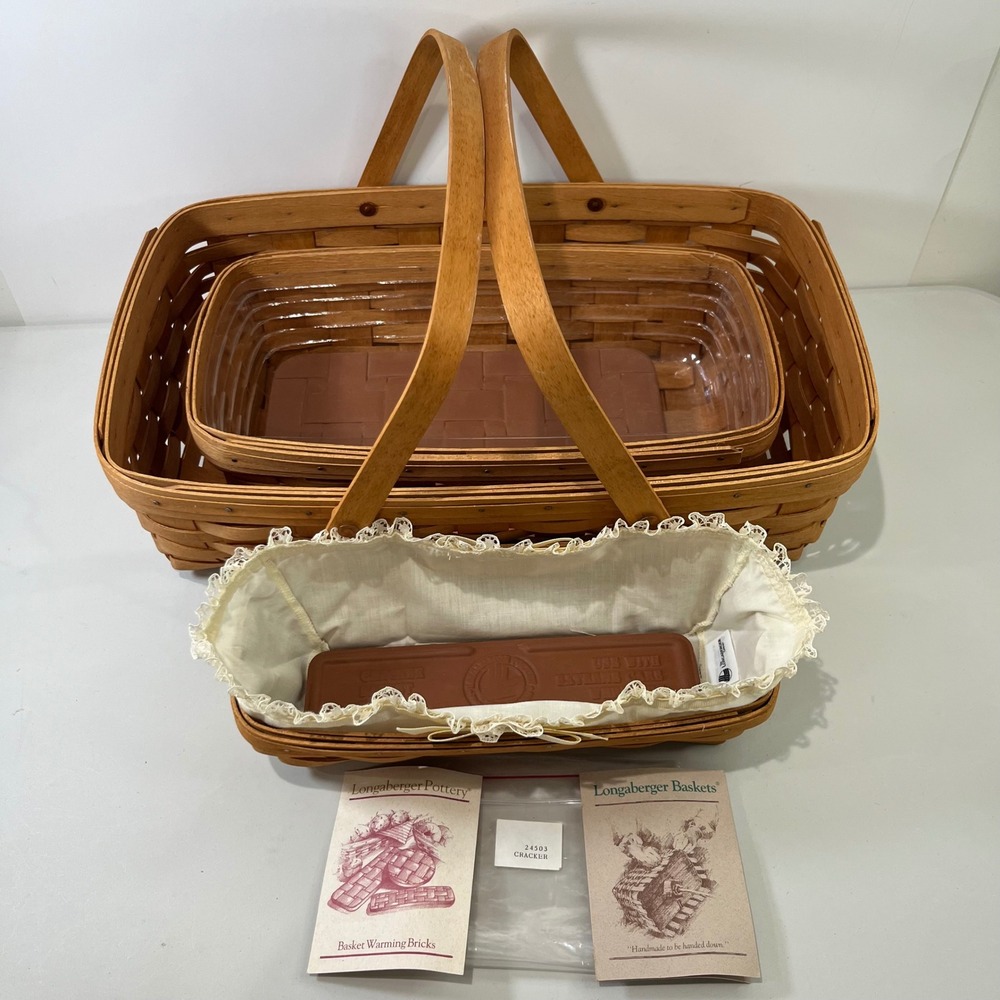 Vtg Longaberger Baskets Set 7 Piece Large Woven Wood Bread Warmers Farmhouse